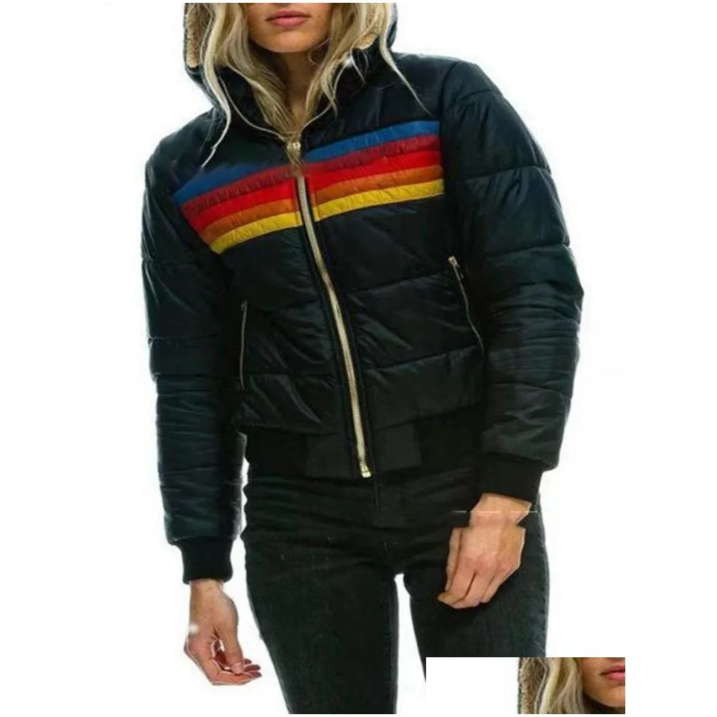 Women`s Jackets Donsignet Women Down Coat Casual Rainbow Fashion Zip-up Striped Plus Size