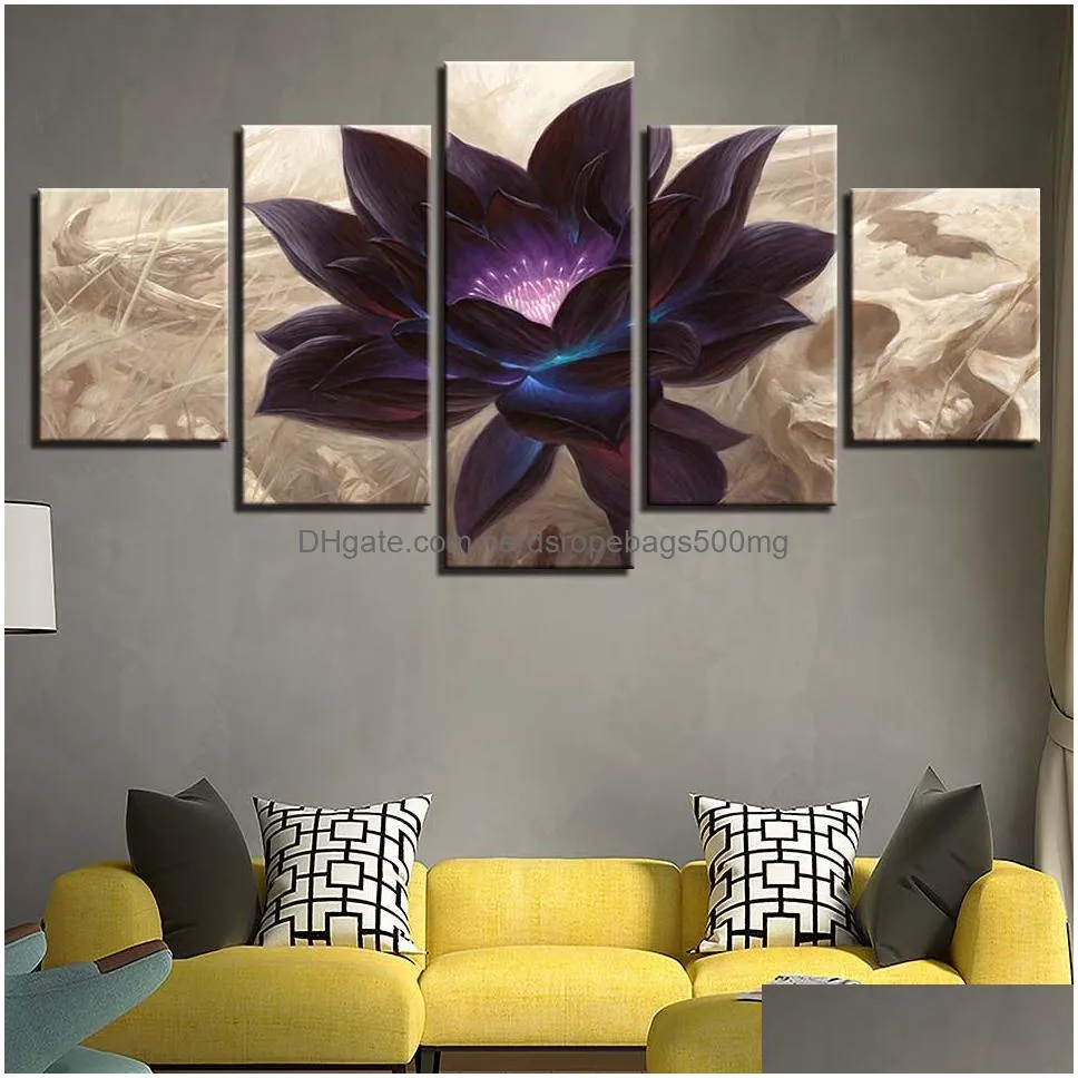 Paintings Modern Canvas Hd Printed Poster Framework Bebroom Decor 5 Pieces Black Lotus Paintings Modar Wall Art Abstract Flower Drop D Ot2N0