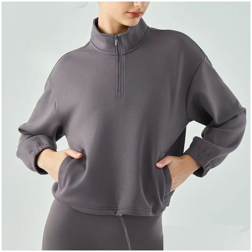 AL Yoga Sweatwear Long Sleeved Jacket Pullover Windproof Mock Neck Sweater Air Layer Half Zip Sweatshirts Fitness Tops Womens Loose Casual Slimming