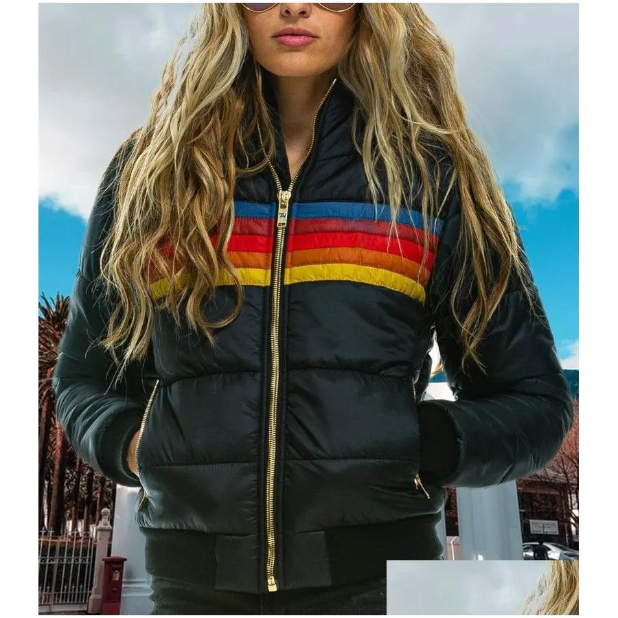 Women`s Jackets Donsignet Women Down Coat Casual Rainbow Fashion Zip-up Striped Plus Size