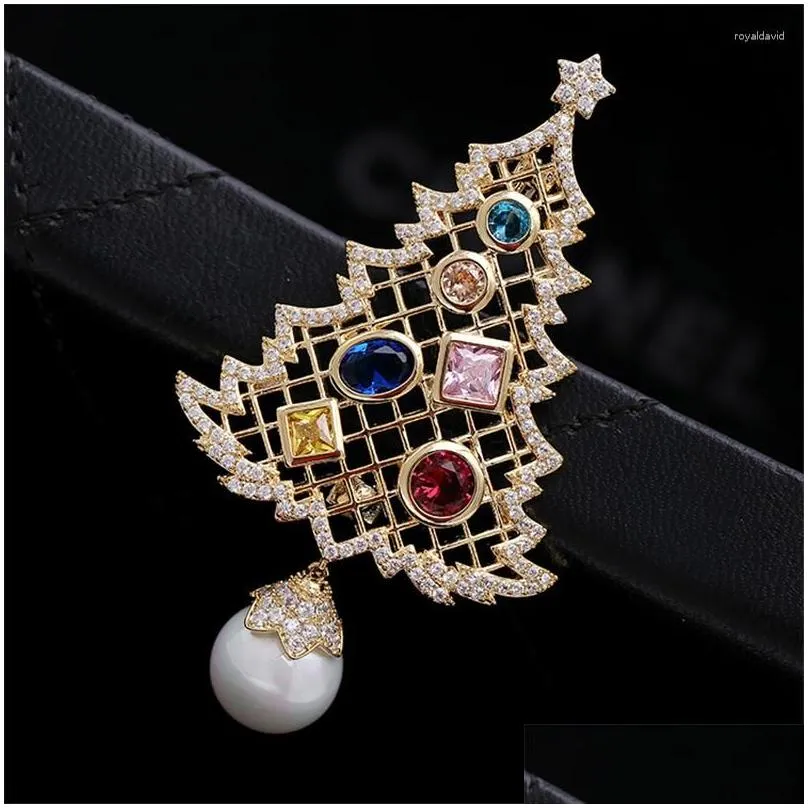 Pins, Brooches Brooches Christmas Tree Pearl Brooch Cubic Zirconias Pins Jewelry Colorf Rhinestone For Women Gift Coat Jwellery Drop Dhkdn