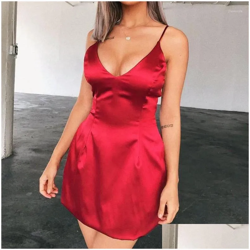 Basic & Casual Dresses Casual Dresses Yuqung V Neck Satin Mini Dress Women Y Faux Silk Strap Evening A Line Short Slip Pink Sundress Otfei