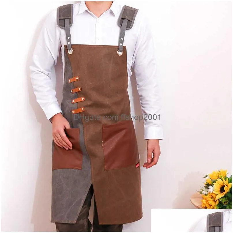 durable goods apron canvas cross back adjustable apron with pockets for women and men kitchen cooking baking bib apron 210622