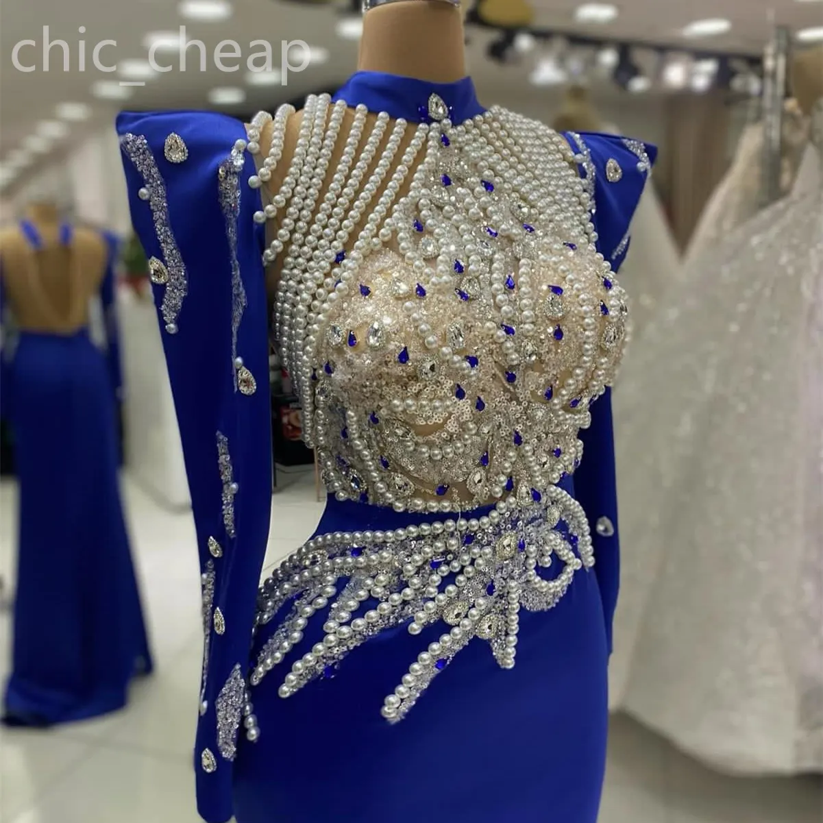 2024 Aso Ebi Royal Blue Mermaid Prom Dress Crystals Pearls Satin Evening Formal Party Second Reception Birthday Engagement Gowns Dresses Robe De Soiree ZJ433