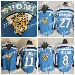 College Hockey Wears 1998 Team Finland 11 SAKU KOIVU Retro Hockey Jerseys 8 TEEMU SELANNE 27 TEPPO NUMMINEN Vintage Light Blue Hockey Jersey 2002 M-XXXL