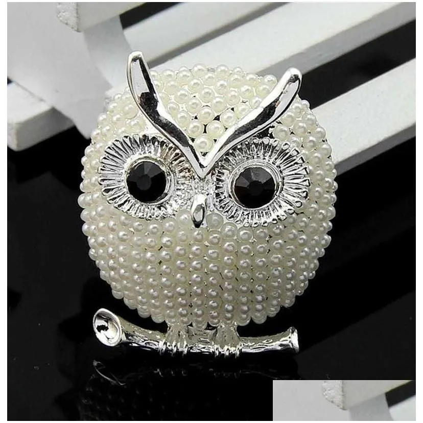 Pins, Brooches Owl Brooch Pearl Pins Sier Gold Bird Brooches Business Suit Dress Tops Cor For Women Men Fashion Jewelry Will And Drop Dhtpg
