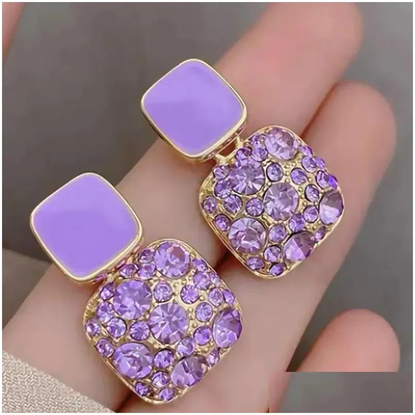 Stud 2022 Stud Earrings Sweet Style Autumn And Winter Net Red Paragraph Rhinestone Purple Love Ear Geometric Diamond Girl Drop Delive Otopv