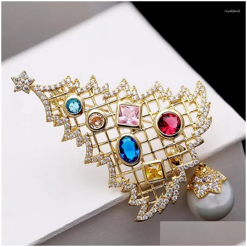 Pins, Brooches Brooches Christmas Tree Pearl Brooch Cubic Zirconias Pins Jewelry Colorf Rhinestone For Women Gift Coat Jwellery Drop Dhkdn