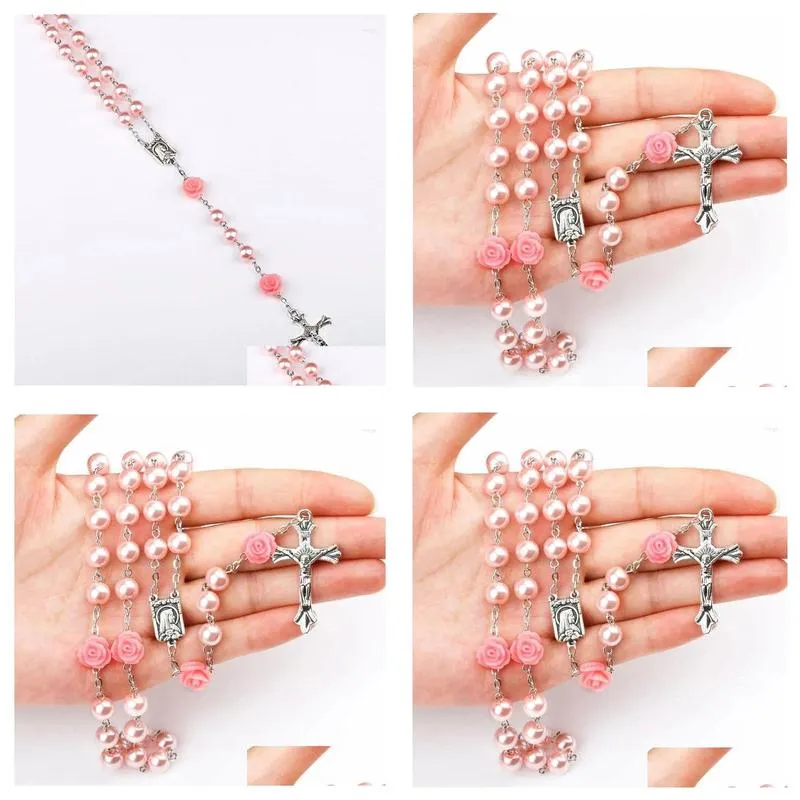 Pendant Necklaces Relin Cross Rosary For Women Colorf Soft Y Beads Long Chain Virgin Mary Jewelry Drop Delivery Otbtk