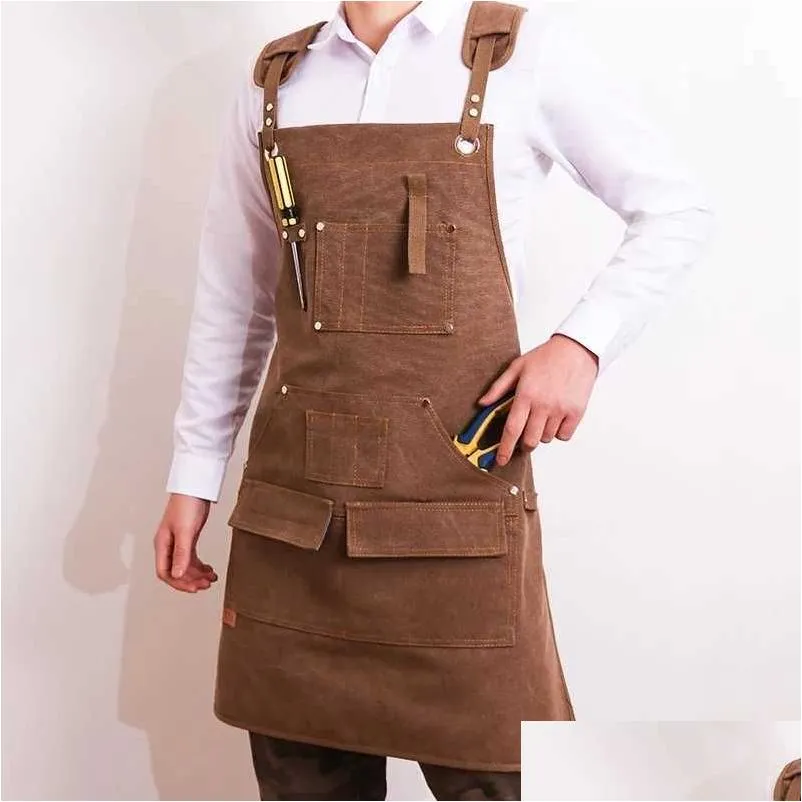 durable goods apron canvas cross back adjustable apron with pockets for women and men kitchen cooking baking bib apron 210622