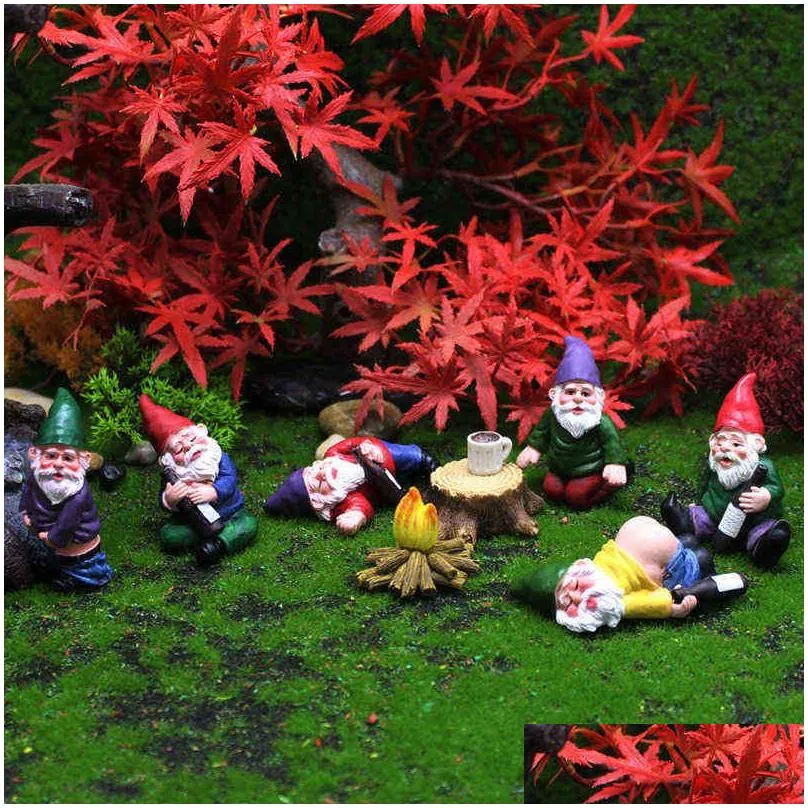 12PC/Set Mini Fairy Garden Drunk Yoga Gnomes Miniature Ornaments Set Dwarf Bonfire Statues Flowerpot Garden Decor Accessories 220104