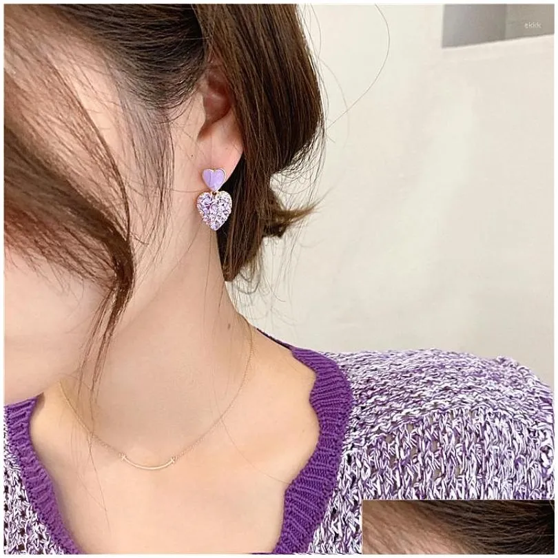 Stud 2022 Stud Earrings Sweet Style Autumn And Winter Net Red Paragraph Rhinestone Purple Love Ear Geometric Diamond Girl Drop Delive Otopv