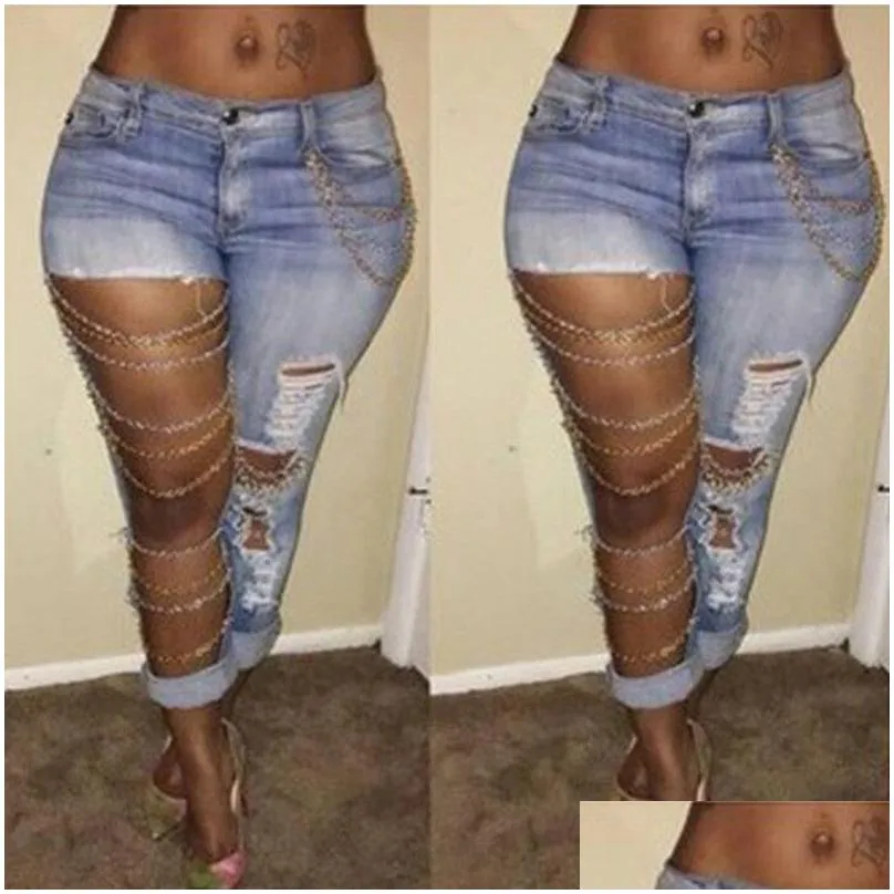Women`S Jeans Jeans Wholesale New Fashion Women Y Destroyed Ripped Died Chain Denim Pants Boyfriend For Hole Drop Delivery Apparel Wo Otskh