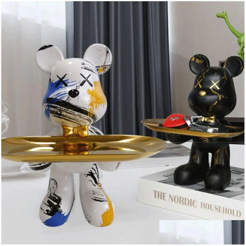 Decorative Objects Figurines Bear statue with tray storage animal handicraft resin sculpture keys sundries snacks table top decorations