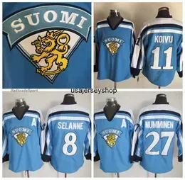 Hockey Jersey Mens Vintage 11 SAKU KOIVU 1998 Team Finland s 27 TEPPO NUMMINEN 8 TEEMU SELANNE Light Blue M-XXXL