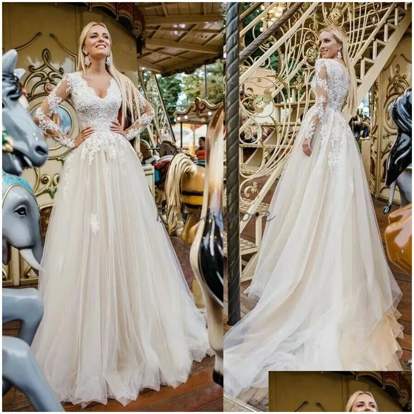 A-Line Wedding Dresses Country Style Boho Wedding Dress With Long Sleeve Y V Neck Lace Bohemian Beach Bride 2024 Appliques Tle Chic Cr Otb1P