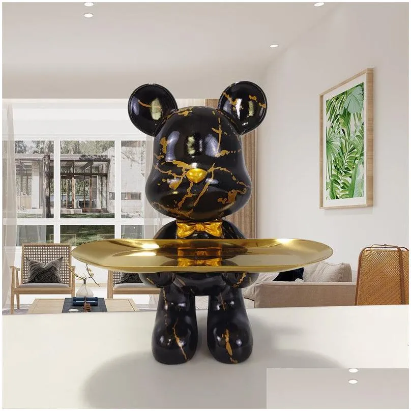 Decorative Objects Figurines Bear statue with tray storage animal handicraft resin sculpture keys sundries snacks table top decorations