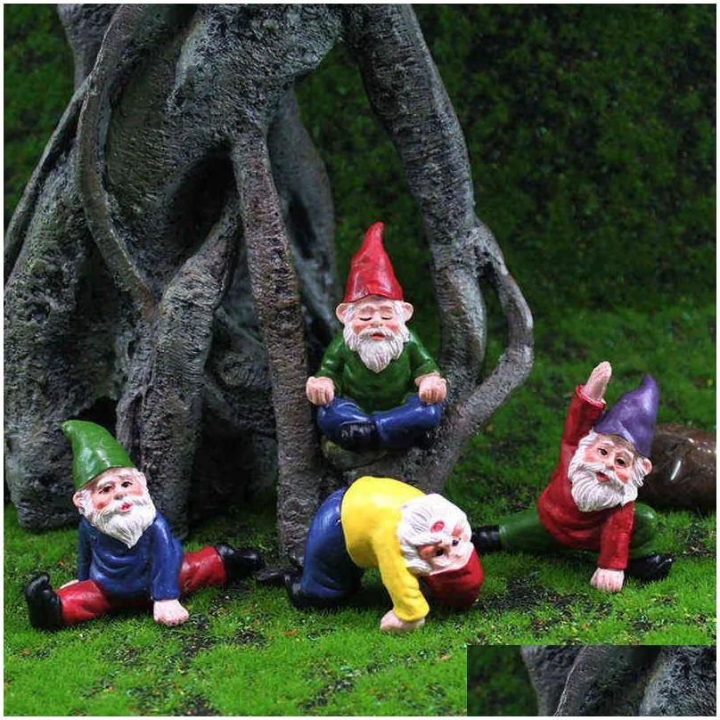 12PC/Set Mini Fairy Garden Drunk Yoga Gnomes Miniature Ornaments Set Dwarf Bonfire Statues Flowerpot Garden Decor Accessories 220104