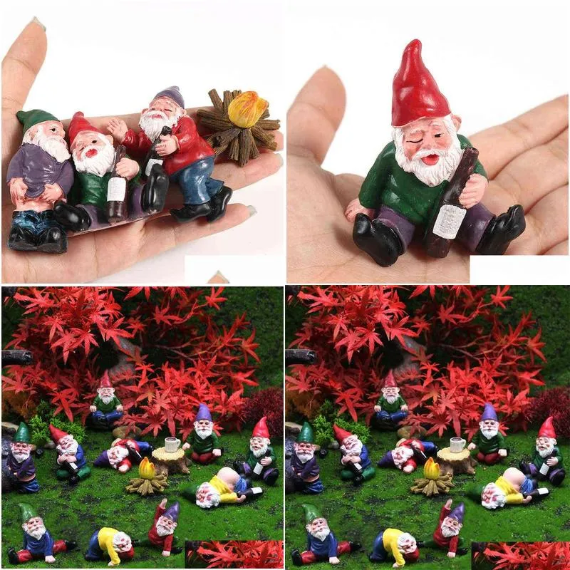 12PC/Set Mini Fairy Garden Drunk Yoga Gnomes Miniature Ornaments Set Dwarf Bonfire Statues Flowerpot Garden Decor Accessories 220104