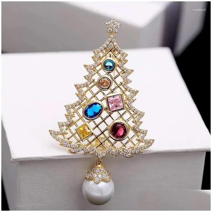 Pins, Brooches Brooches Christmas Tree Pearl Brooch Cubic Zirconias Pins Jewelry Colorf Rhinestone For Women Gift Coat Jwellery Drop Dhkdn