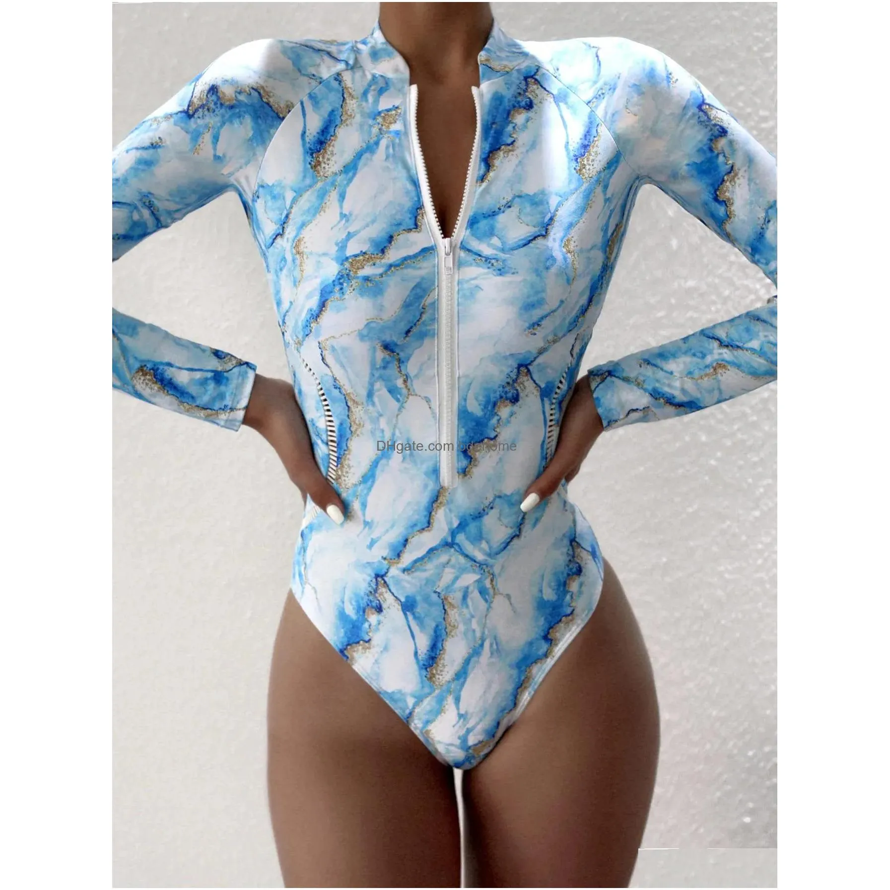 Swim Wear Wear Summer Print Zipper One Piece Swimsuit Closed Long Sleeve Swimwear Sports Surfing Womens Swimming Bathing Suit Beach Ba Dh1Oj