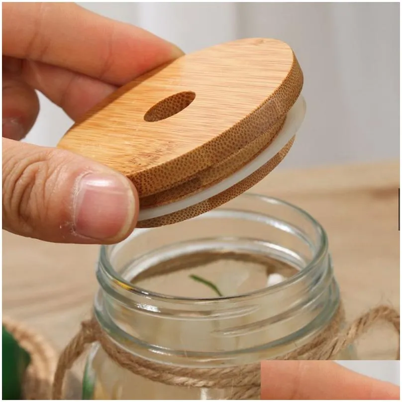 70mm 88mm bamboo cap lids reusable wooden mason jar lids with straw hole and silicone seal