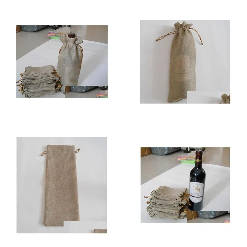 Packaging Bags Wholesale 300Pcs Jute Wine Bottle 16Cmx36Cm Champagne Ers Linen Dstring Christmas Wedding Party Gift Pouches Drop Del Dhgke
