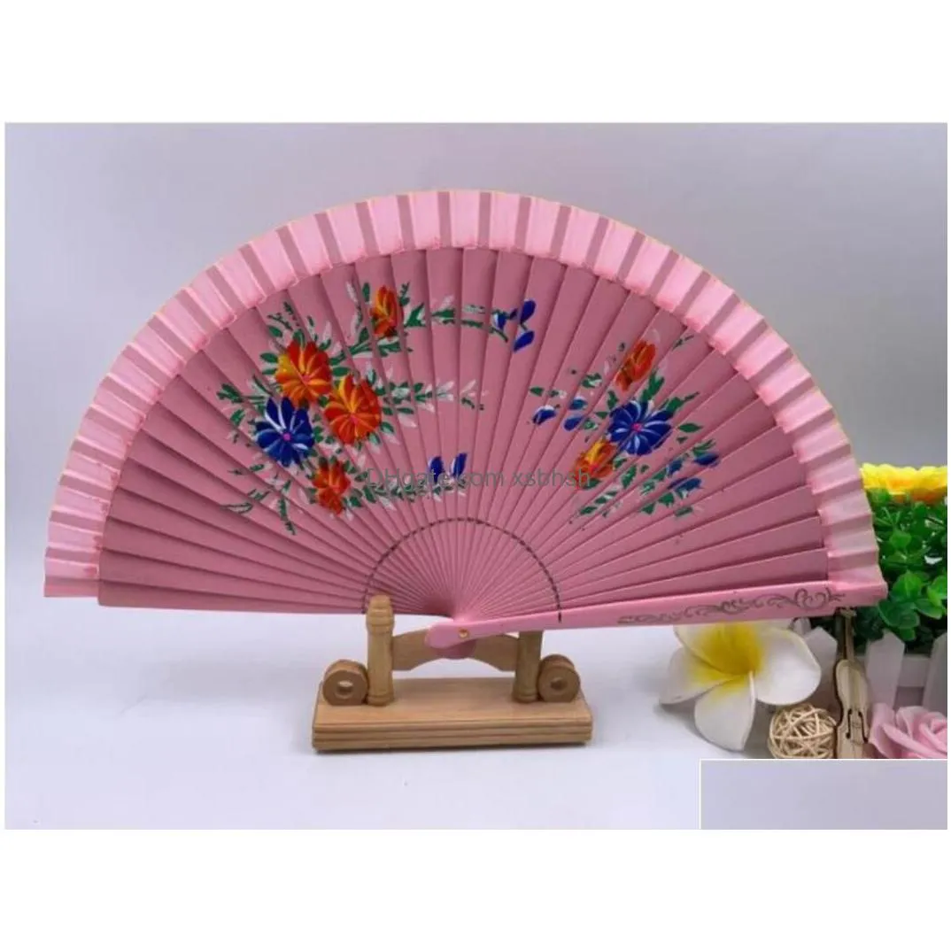 100pcs european style hand-painted flower designs spanish wood fan chinese handicraft sn4242