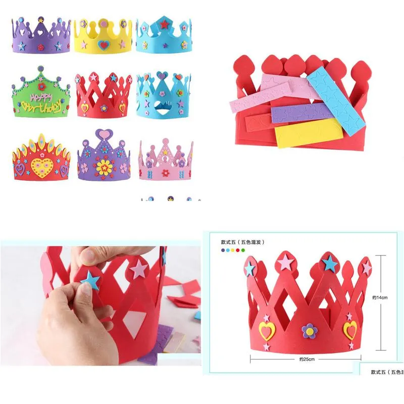 200pcs eva foam birthday crown for children birthday party caps self-adhesive diy handmade 3d eva crown hat craft kits