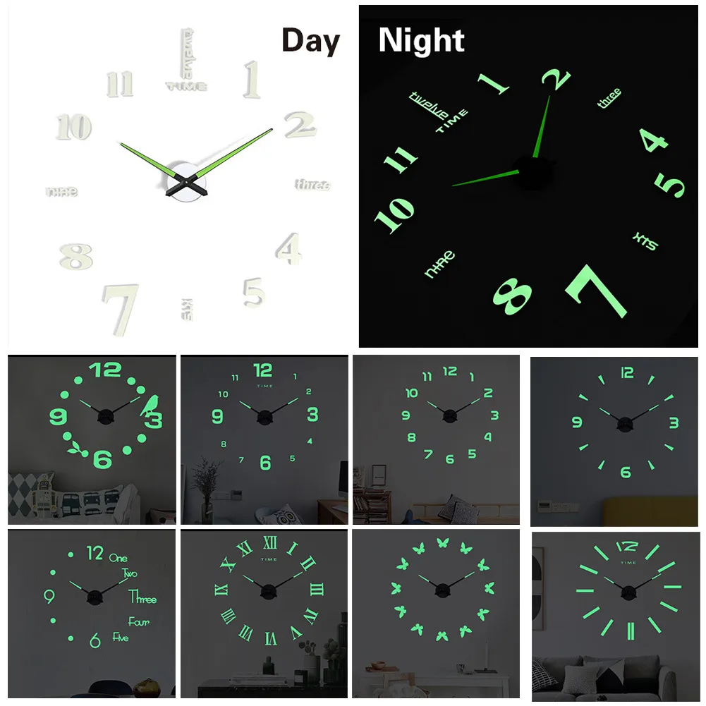 creative glow-in-the-dark diy wall clock 47 large size acrylic diy living room decoration wall sticker clock silent clock