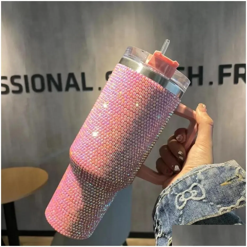 1pcs 40oz Bling Tumblers With Handle Lid and Straw Rhinestones Car Travel Mugs Holder Insulated Stainless Steel Double Wall Water Cups FY5717