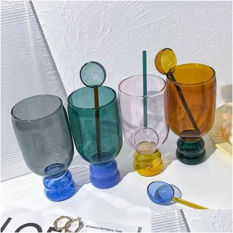Wine Glasses Colorful Gift Set Glass Mug With Spoon Cup Coffee Mugs Drinking Birthday Pack Home Decorative Vase Tumbler