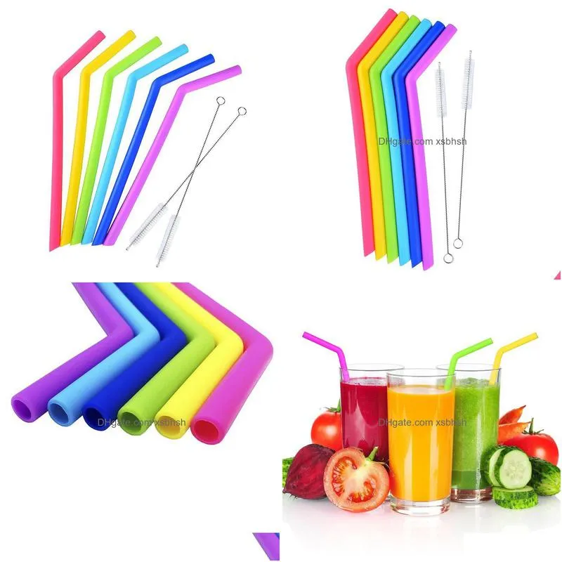 100sets 6pcs bent straws with 2pcs brush reusable silicone drinking straw children fruit juice milk tea straw