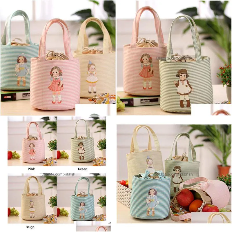 wholesale cute canvas cartoon girl lunch bags portable storage bags thicker insulation bags handbags waterproof