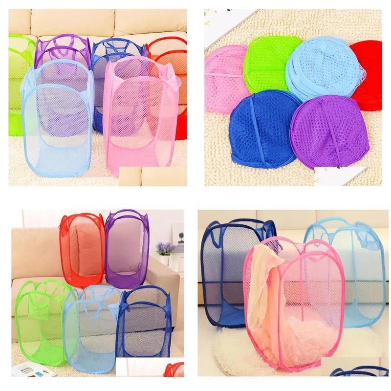 100pcs mesh fabric foldable  up dirty clothes washing laundry basket bag bin hamper storage for home housekeeping
