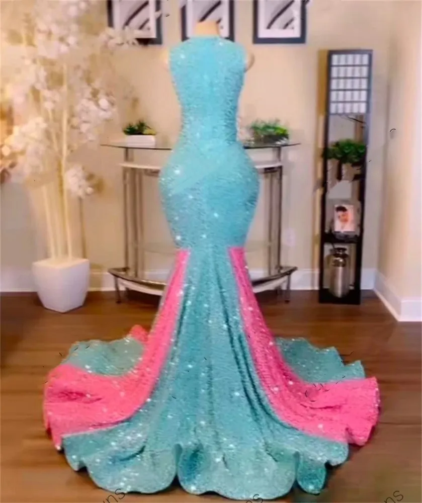 Pink Blue Sequins Long Prom Dress For Black Girls Sheer2024 O Neck Beaded Crystal Birthday Party Gown Green Sequined Evening Dresses Mermaid