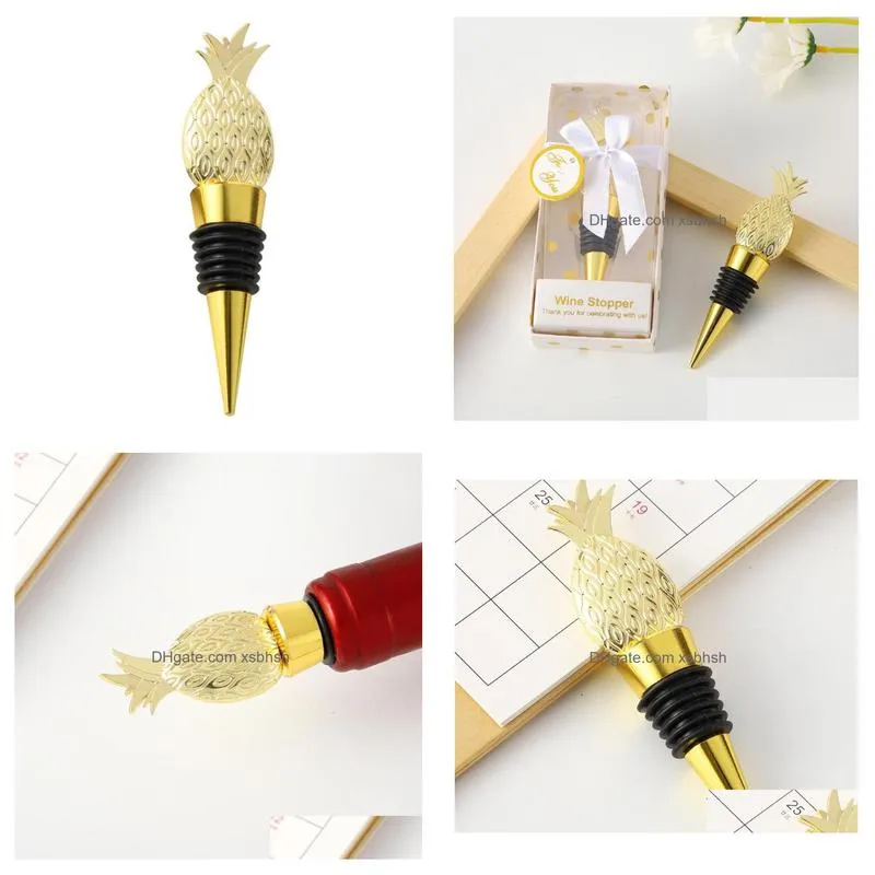 100pcs tropical wedding favors gold pineapple wine bottle stopper in gift box party decorative wine stoppers sn2270