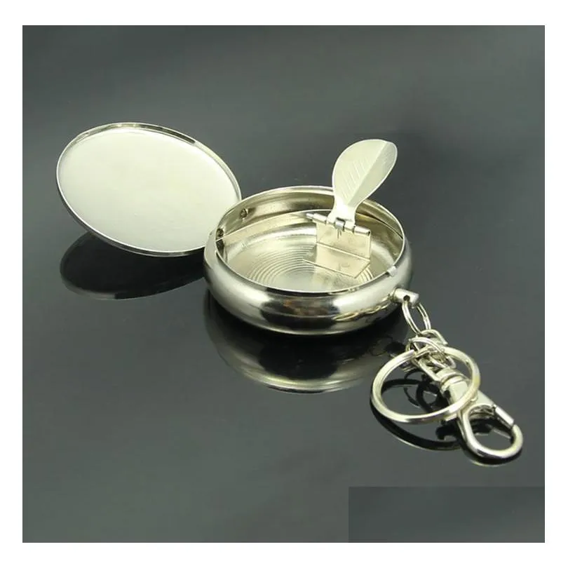 100pcs portable pocket stainless steel round cigarette ashtray key chain with keychain ring dhs fedex sn2303