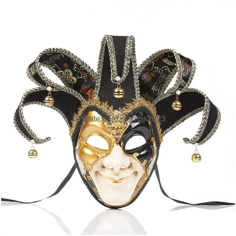 Party Masks Fl Face Men Women Venetian Theater Jester Joker Masquerade Mask With Bells Mardi Gras Ball Halloween Cosplay Costume 4 Dr Dhsby