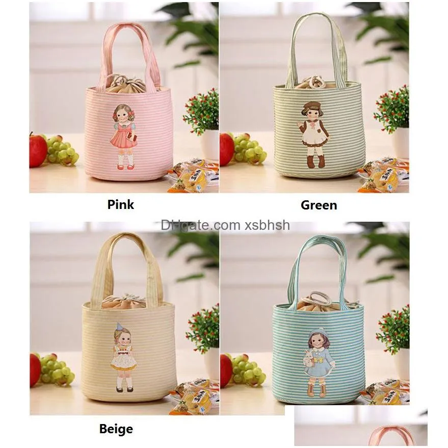 wholesale cute canvas cartoon girl lunch bags portable storage bags thicker insulation bags handbags waterproof