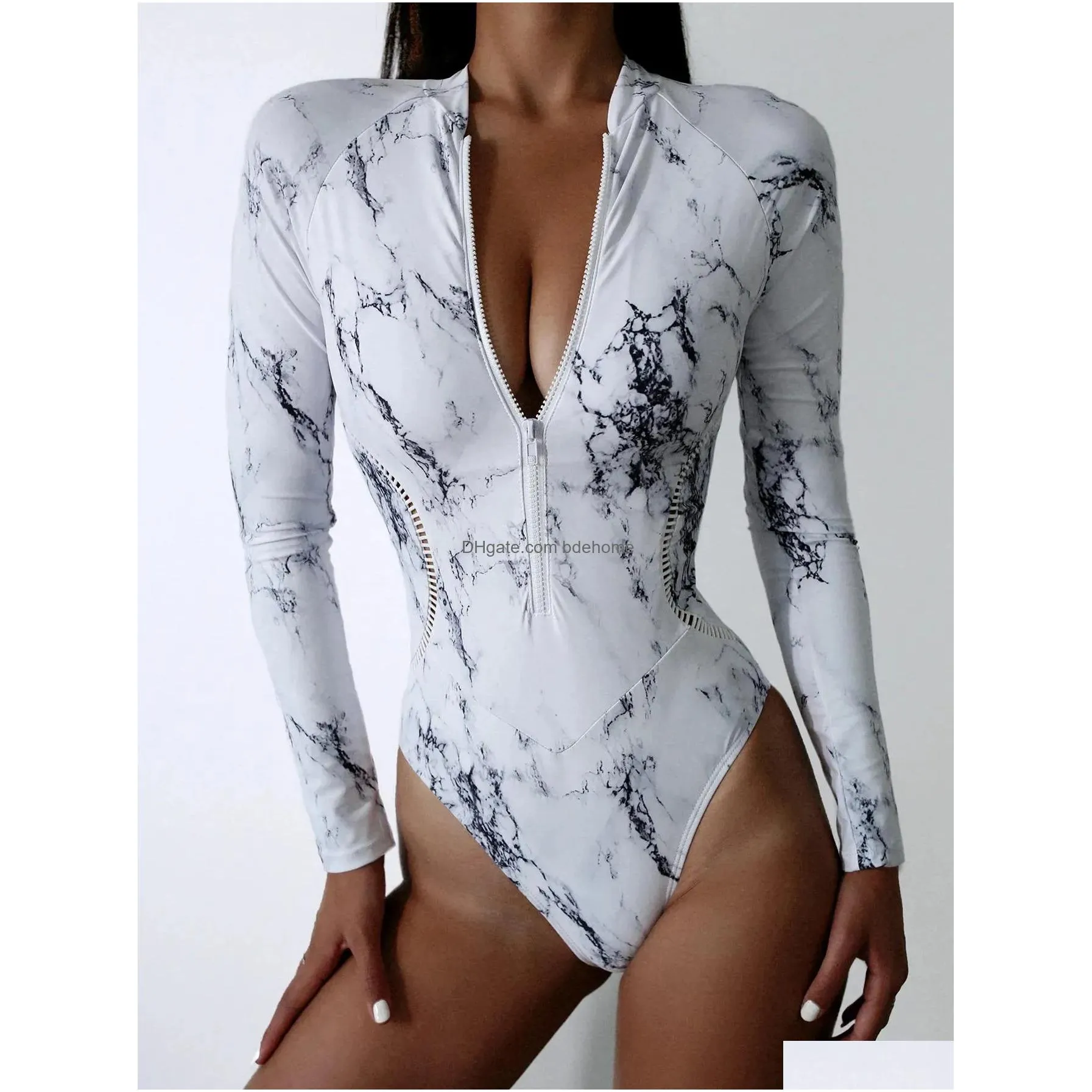 Swim Wear Wear Summer Print Zipper One Piece Swimsuit Closed Long Sleeve Swimwear Sports Surfing Womens Swimming Bathing Suit Beach Ba Dh1Oj