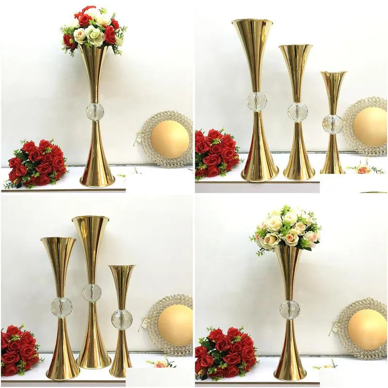 10pcs gold flower vase holders with big crystal ball wedding table centerpieces flower holder candlesticks for party home decor