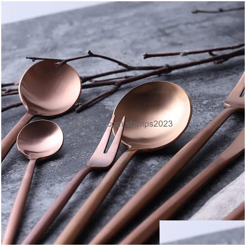 Flatware Sets Rose Gold Dinnerware Set Tableware Fork Knife Spoon Matte Western Metal Stainless Steel Dinner Flatware Drop Delivery Ho Dht0N