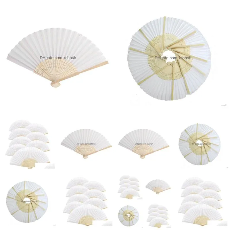 100pcs 21cm hand held fan white paper fan bamboo folding fans handheld folded fan for church wedding gift party favors sn2365