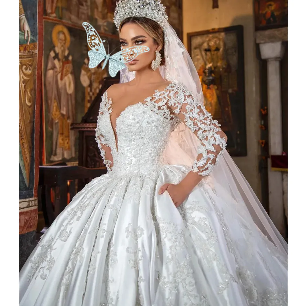 Luxury White Deep V-neck Lace Satin Long Sleeve Wedding Ball Dress Sequin Pearl Beaded Floor-Length Train Noble Lady Bridal Gown YD