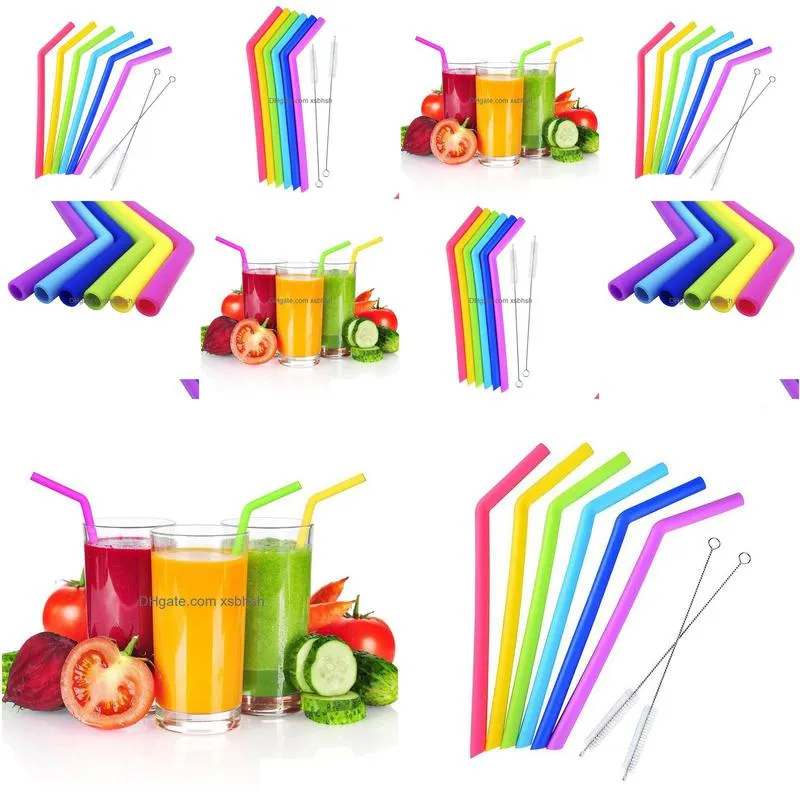 100sets 6pcs bent straws with 2pcs brush reusable silicone drinking straw children fruit juice milk tea straw