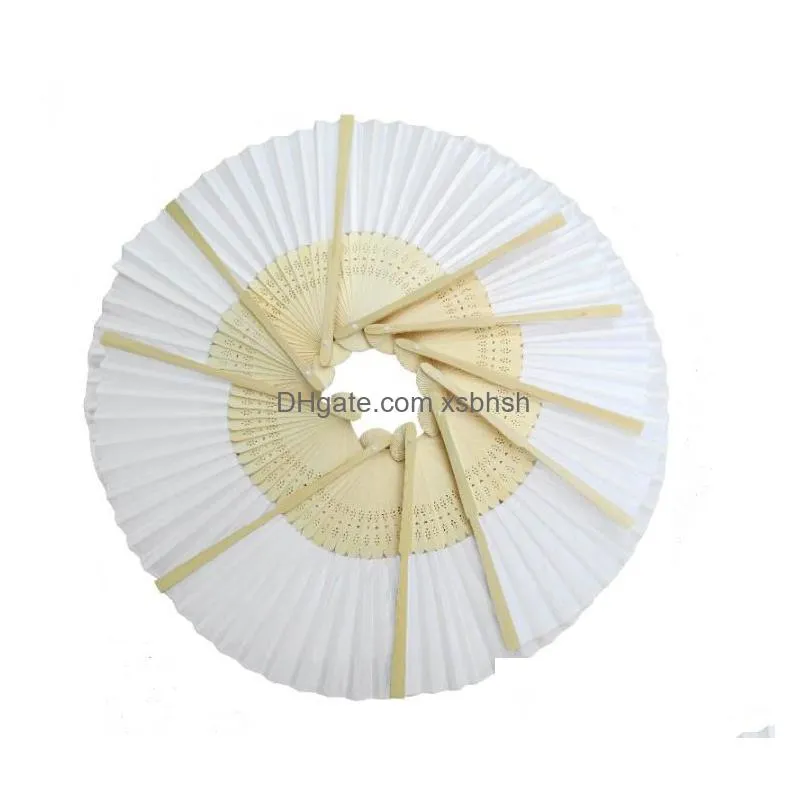 100pcs 21cm hand held fan white paper fan bamboo folding fans handheld folded fan for church wedding gift party favors sn2365