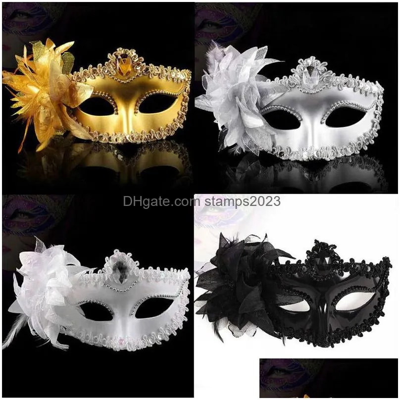 Party Masks Fashion Women Y Mask Hallowmas Venetian Eye Masquerade Masks With Flower Feather Easter Dance Party Holiday Drop Drop Deli Dhiwv