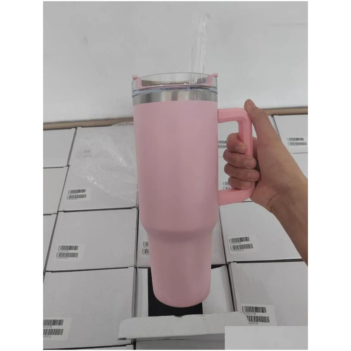1PC US STOCK 40oz Hot Pink Stainless Steel tumbles with colorful Handle and Straw Reusable Insulated travel Tumbler big capacity Water Bottle Cup