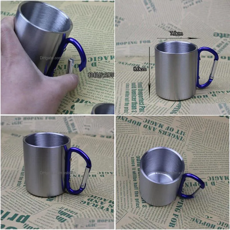 100pcs 280ml stainless steel double wall camping mug outdoor portable cycling mountaineering cup with carabiner hook